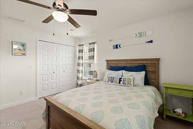 bedroom featuring a closet, ceiling fan, and carpet floors