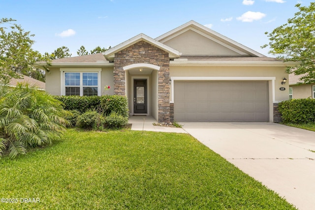 115 Pergola Pl, Ormond Beach, FL 32174 - view of front facade with stucco siding, stone siding, concrete driveway, and a front lawn