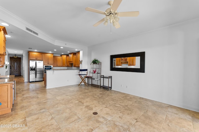 kitchen with ceiling fan, appliances with stainless steel finishes, a peninsula, ornamental molding, and recessed lighting
