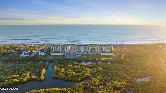 aerial view at dusk featuring a water view