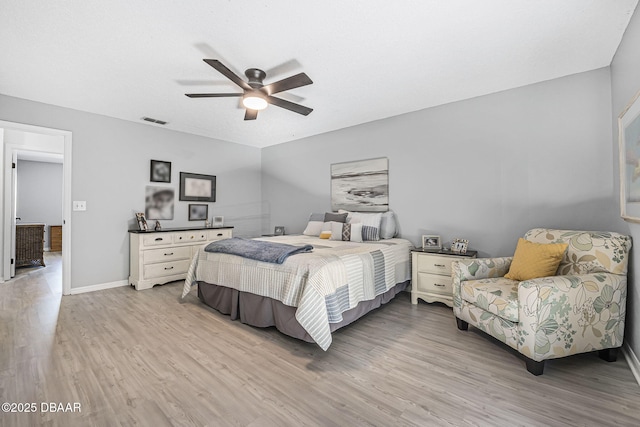 bedroom featuring ceiling fan and light hardwood / wood-style flooring