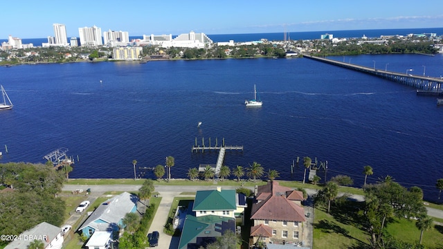 drone / aerial view with a water view