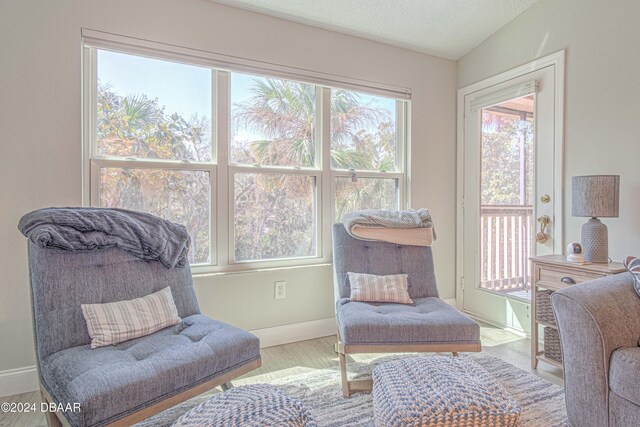 sitting room featuring hardwood / wood-style floors, a textured ceiling, and lofted ceiling