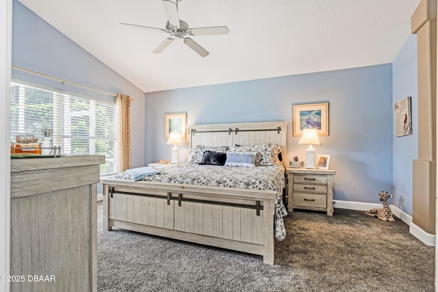 1405 Florida Moss Ln, Port Orange, FL 32128 - bedroom featuring dark colored carpet, lofted ceiling, and a ceiling fan