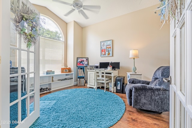 1405 Florida Moss Ln, Port Orange, FL 32128 - home office with a ceiling fan, vaulted ceiling, and wood finished floors