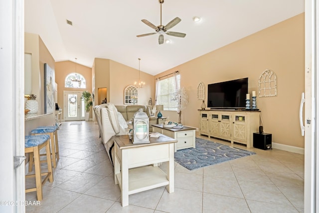 1405 Florida Moss Ln, Port Orange, FL 32128 - living room with healthy amount of natural light, vaulted ceiling, ceiling fan, and light tile patterned floors