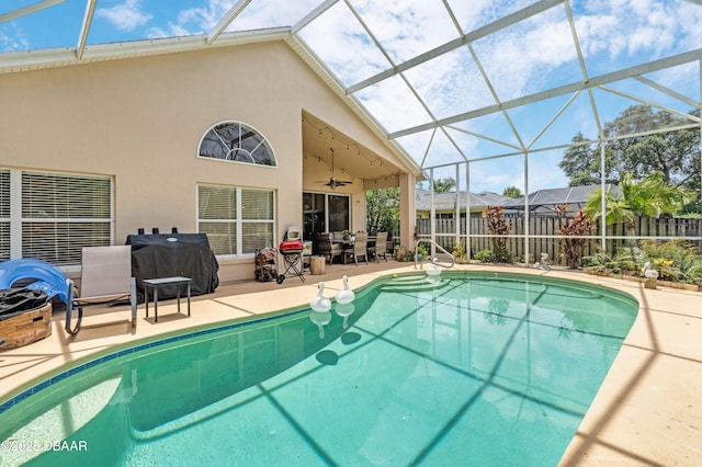 1405 Florida Moss Ln, Port Orange, FL 32128 - view of swimming pool with a grill, ceiling fan, a patio area, and glass enclosure