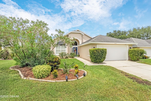 1405 Florida Moss Ln, Port Orange, FL 32128 - view of front facade with stucco siding, a garage, driveway, and a front lawn