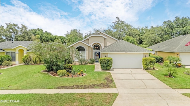 1405 Florida Moss Ln, Port Orange, FL 32128 - single story home with an attached garage, driveway, stucco siding, and a front lawn