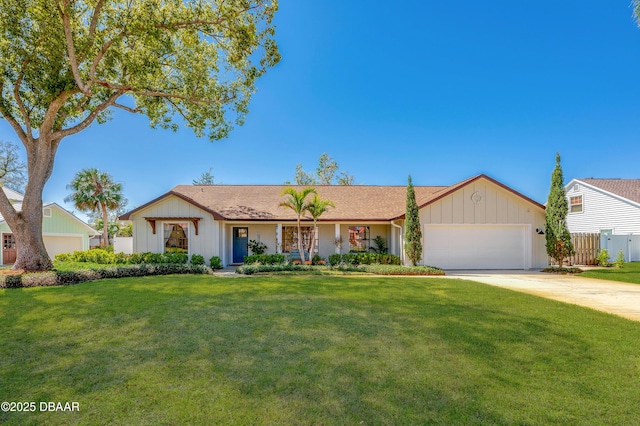 single story home featuring driveway, an attached garage, a front lawn, and fence