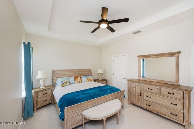 5567 Estero Loop, Port Orange, FL 32128 - bedroom with visible vents, a ceiling fan, light tile patterned floors, and a tray ceiling