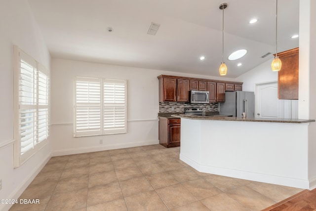 kitchen with hanging light fixtures, stainless steel appliances, backsplash, vaulted ceiling, and light tile patterned floors