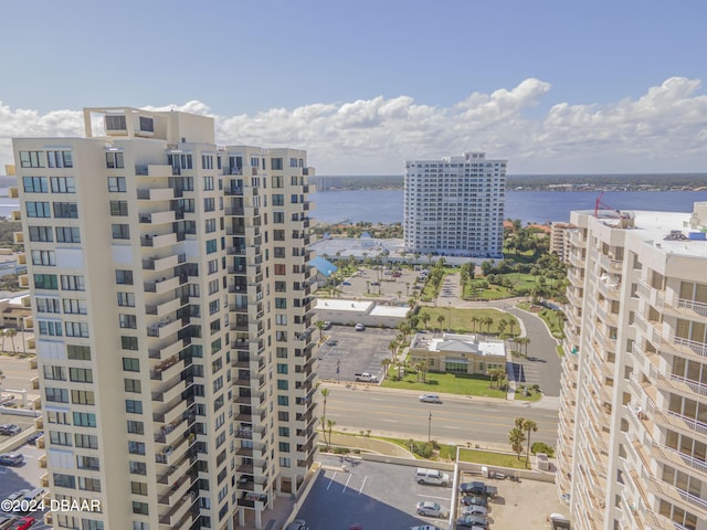 drone / aerial view with a water view