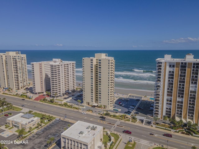 drone / aerial view featuring a water view and a view of the beach