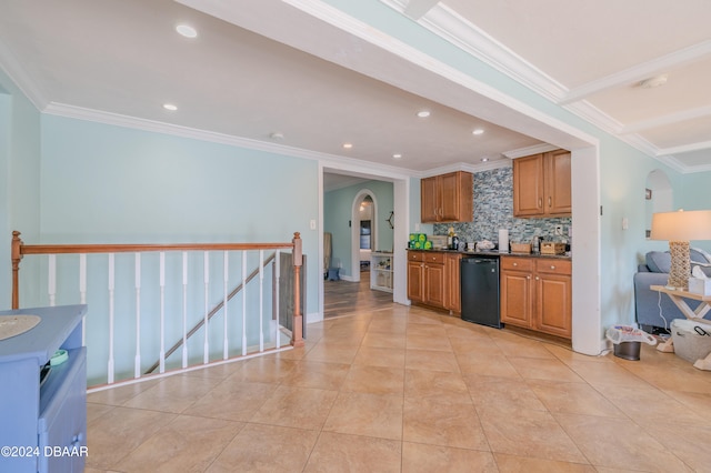 kitchen featuring dishwasher, light tile patterned floors, crown molding, and backsplash