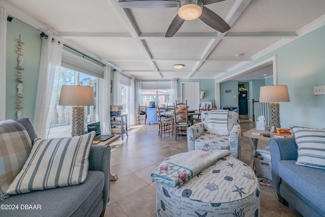 tiled living room featuring ornamental molding, coffered ceiling, ceiling fan, and beamed ceiling