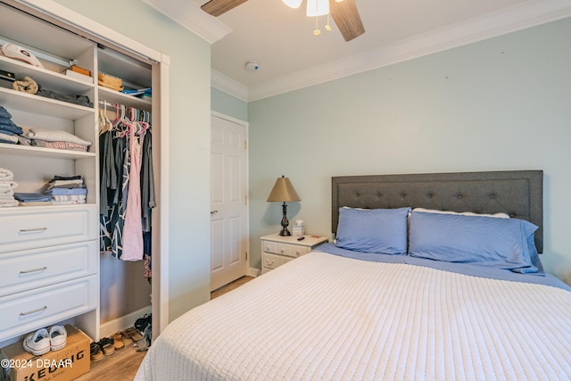 bedroom with light hardwood / wood-style floors, ceiling fan, a closet, and crown molding