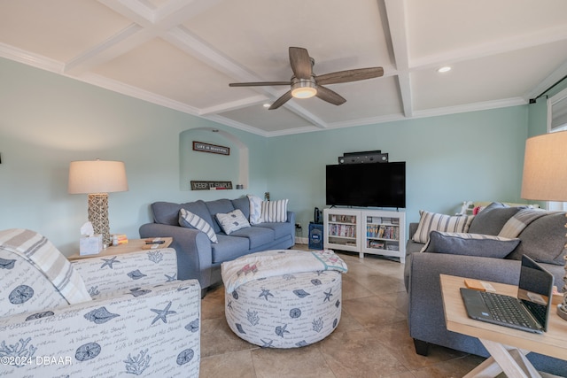 tiled living room featuring ceiling fan, beam ceiling, crown molding, and coffered ceiling