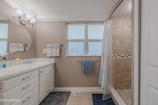 bathroom with a shower with shower curtain, tile patterned flooring, vanity, and ornamental molding