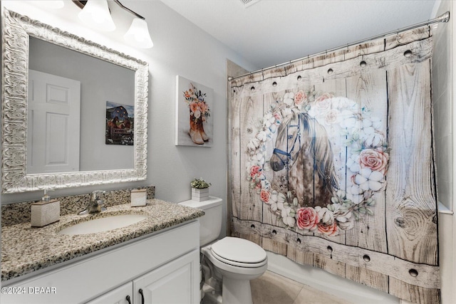 full bathroom with toilet, shower / tub combo with curtain, vanity, and tile patterned floors