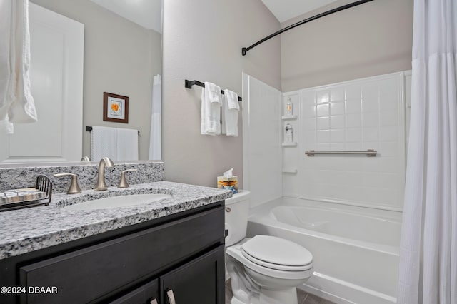 full bathroom featuring tile patterned flooring, vanity, toilet, and shower / tub combo with curtain