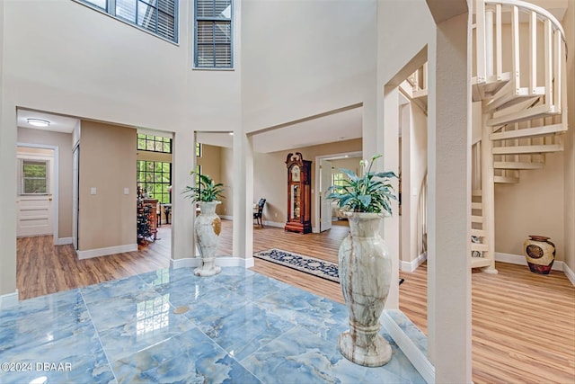 foyer with hardwood / wood-style floors and a high ceiling