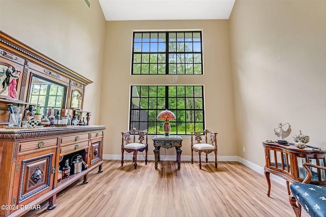 sitting room featuring a wealth of natural light, light hardwood / wood-style flooring, and lofted ceiling