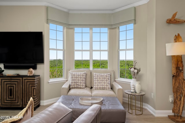 sitting room featuring a wealth of natural light, wood-type flooring, and ornamental molding