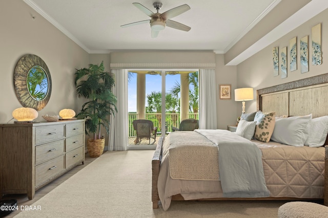 bedroom with ornamental molding, light carpet, ceiling fan, and access to exterior