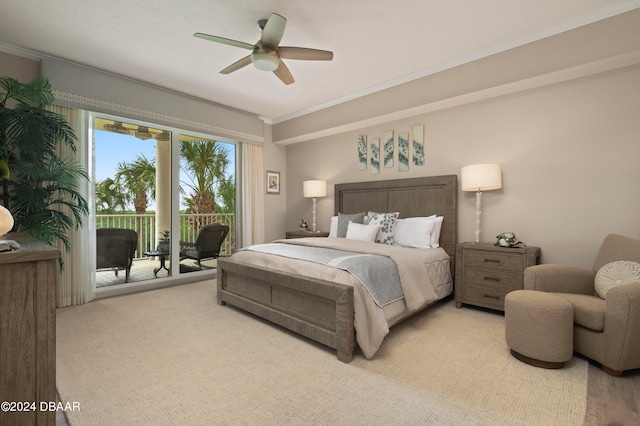 carpeted bedroom with ceiling fan, crown molding, and access to outside