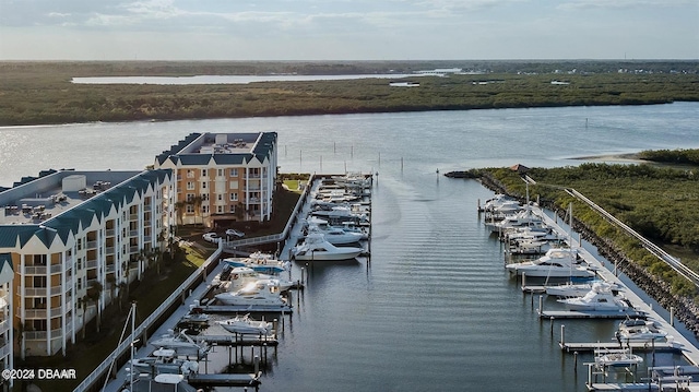 aerial view featuring a water view