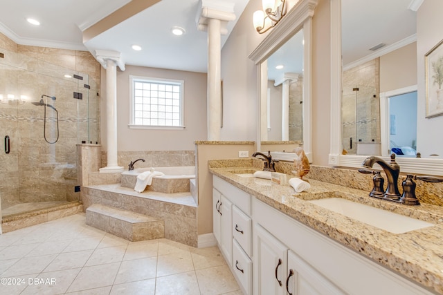 bathroom featuring ornamental molding, tile patterned flooring, vanity, and separate shower and tub