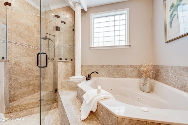 bathroom with plus walk in shower and crown molding