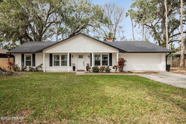 ranch-style house with a front lawn, a chimney, concrete driveway, and a garage