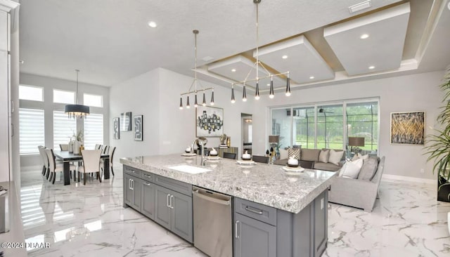 497 Stirling Bridge Dr, Ormond Beach, FL 32174 - kitchen with gray cabinetry, dishwasher, a sink, light marble finish flooring, and recessed lighting
