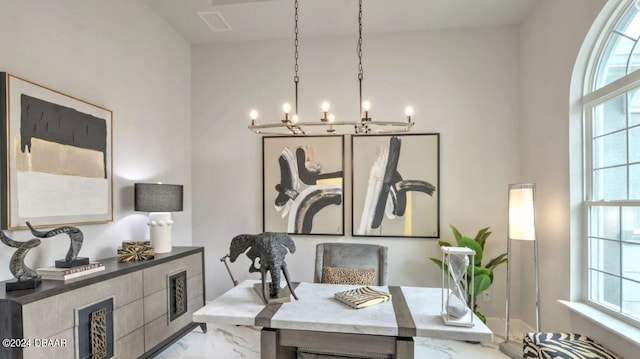 497 Stirling Bridge Dr, Ormond Beach, FL 32174 - office space featuring a chandelier, marble look tile flooring, and plenty of natural light