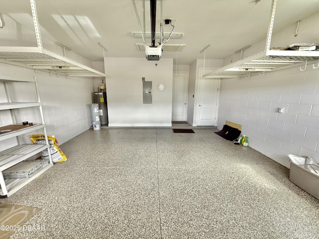 24 Shear Water Trl, Ormond Beach, FL 32174 - garage featuring electric panel, water heater, a garage door opener, and concrete block wall