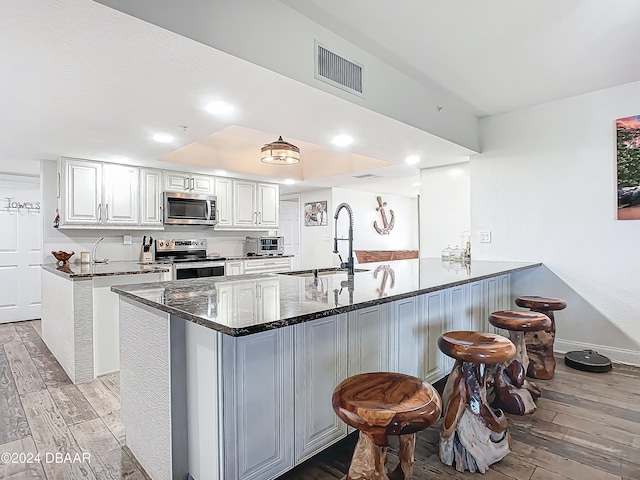 kitchen with kitchen peninsula, stainless steel appliances, sink, light hardwood / wood-style flooring, and white cabinets