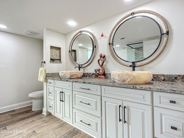 bathroom featuring vanity, wood-type flooring, and toilet