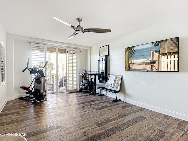 workout area with dark hardwood / wood-style floors and ceiling fan