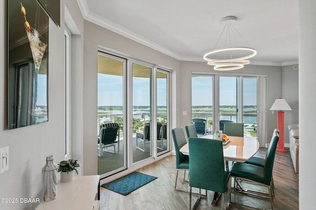 dining room with a healthy amount of sunlight, a water view, wood-type flooring, and ornamental molding