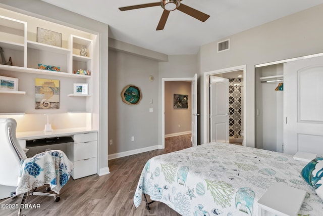 bedroom with wood-type flooring, a closet, and ceiling fan