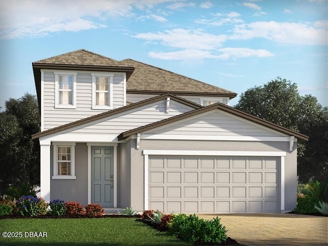 traditional-style home featuring driveway, roof with shingles, an attached garage, a front lawn, and stucco siding