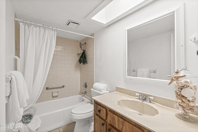 full bathroom with tile patterned flooring, shower / bath combination with curtain, toilet, vanity, and visible vents