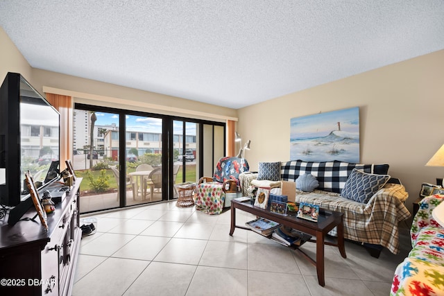 tiled living room with a textured ceiling