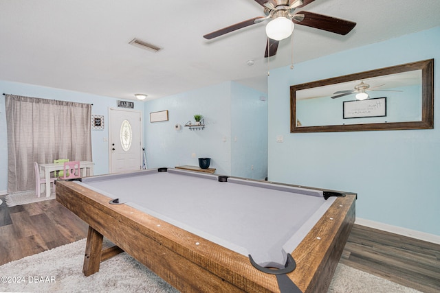 game room featuring dark wood-type flooring, pool table, and ceiling fan