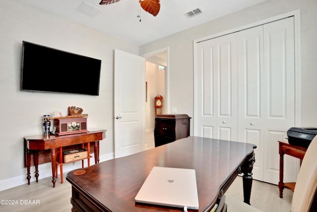 office space featuring ceiling fan and light wood-type flooring