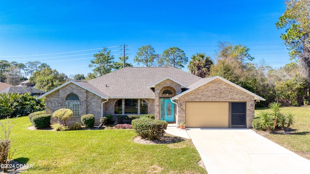 ranch-style home featuring a garage and a front yard