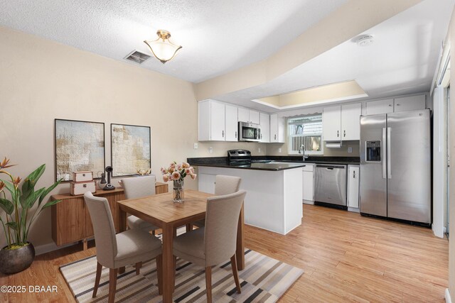 kitchen with white cabinetry, sink, a tray ceiling, stainless steel appliances, and light hardwood / wood-style flooring