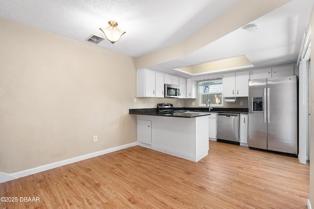 kitchen with appliances with stainless steel finishes, light hardwood / wood-style floors, a textured ceiling, white cabinets, and kitchen peninsula